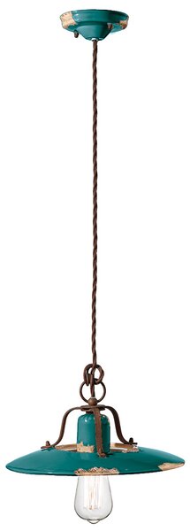 Lampadario Vintage Country Ferro E Ceramica Verde 1 Luce E27 30Cm