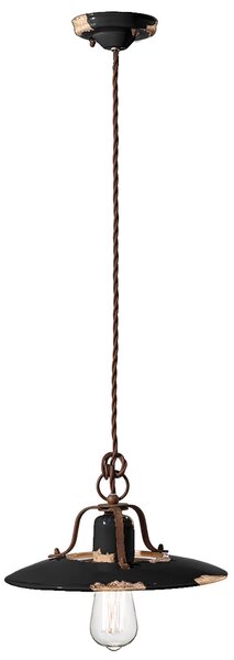 Lampadario Vintage Country Ferro E Ceramica Nero 1 Luce E27 30Cm