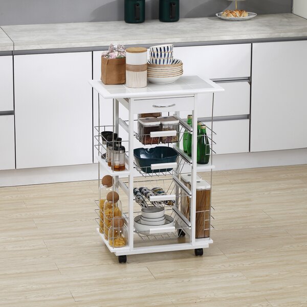 HOMCOM Carrello da Cucina con Cassetto, 4 Cesti e 4 Ripiani, in Metallo, Ceramica e Legno, 57x37x83 cm, Bianco