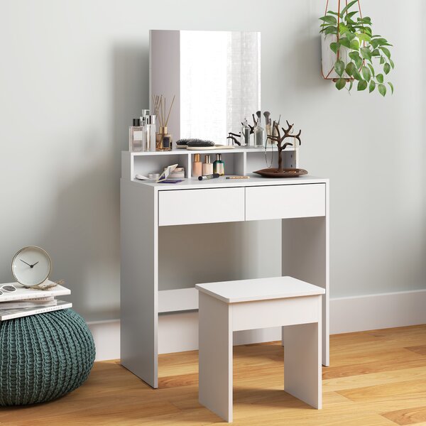 HOMCOM Tavolo da Trucco con Specchio, 3 Ripiani, 2 Cassetti e Sgabello, in Legno, 75x38x135 cm, Bianco