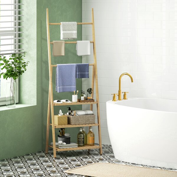 HOMCOM Scaffale Bagno 3 Ripiani con Porta Asciugamani a 3 Barre, Autoportante e Pieghevole in Legno di Bambù