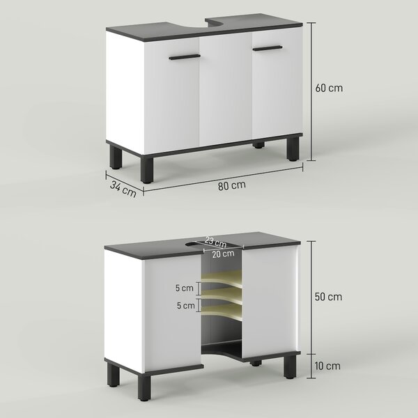 HOMCOM Mobile Sottolavabo Bagno con Armadietto 2 Ante e Ripiano Regolabile, 80x34x60 cm, Bianco Lucido