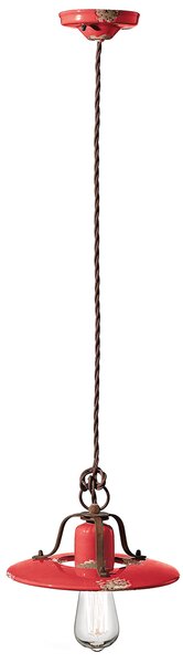 Lampadario Vintage Country Ferro E Ceramica Rosso 1 Luce E27 25Cm