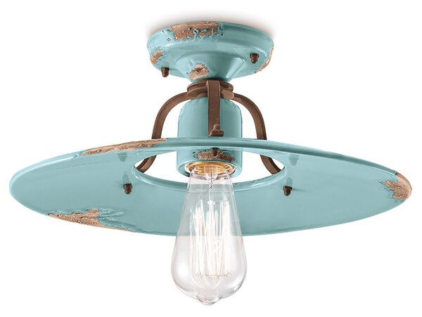 Plafoniera Vintage Country Ferro E Ceramica Azzurro 1 Luce E27