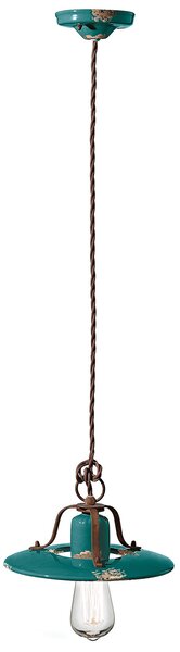 Lampadario Vintage Country Ferro E Ceramica Verde 1 Luce E27 25Cm