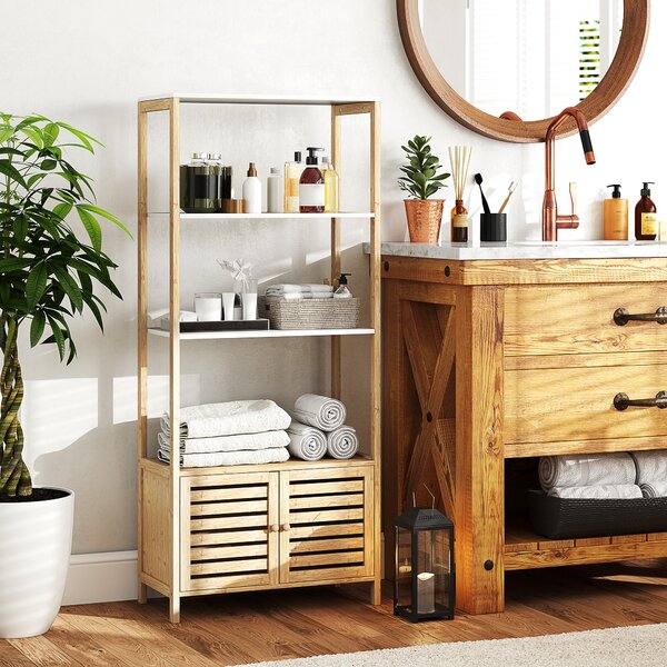 HOMCOM Mobile Bagno in Bambù con 3 Ripiani e Armadietto Inferiore, 63x30x138 cm, Color Legno e Bianco