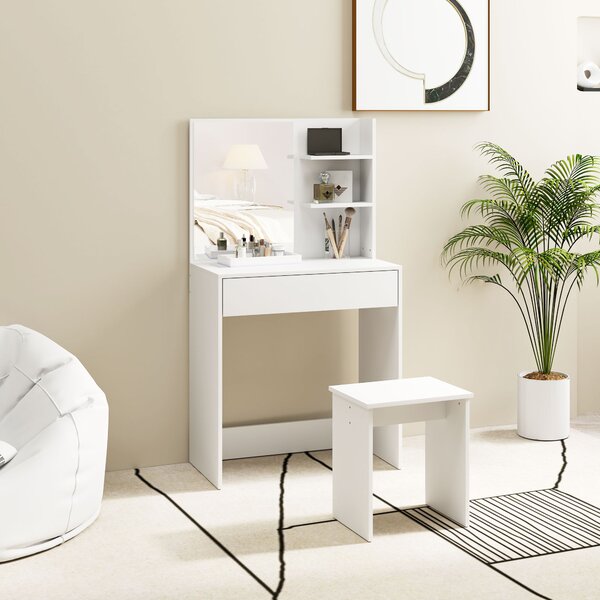 HOMCOM Tavolo da Trucco a 3 Ripiani e Cassetti con Specchio e Sgabello, in Truciolato, 75x40x137 cm, Bianco