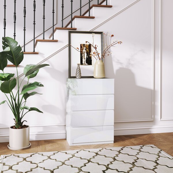 HOMCOM Cassettiera Moderna 4 Cassetti Antiribaltamento in Legno, 55x33x80 cm, Bianco Lucido