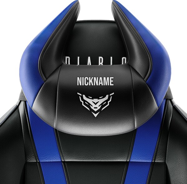 Cuscino poggiatesta Diablo Chairs X-Horn con ricamo personalizzato nero e blu