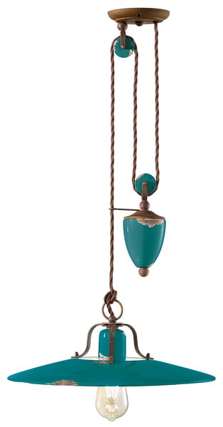 Lampadario Vintage Country Saliscendi Ferro E Ceramica Verde 1 Luce E27
