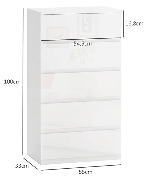 HOMCOM Cassettiera Moderna 5 Cassetti Antiribaltamento in Legno, 55x33x100 cm, Bianco Lucido