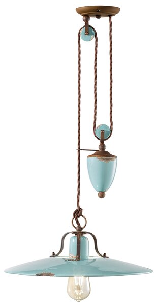 Lampadario Vintage Country Saliscendi Ferro E Ceramica Azzurro 1 Luce E27