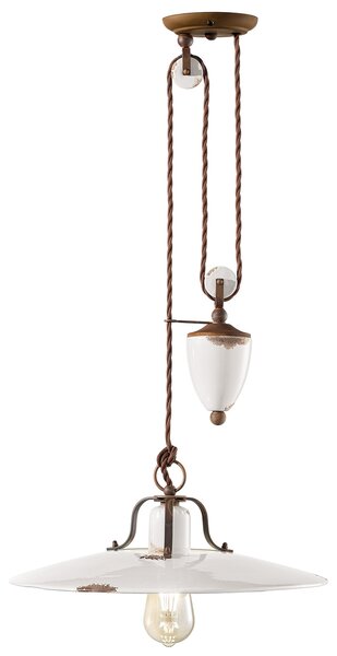 Lampadario Vintage Country Saliscendi Ferro E Ceramica Bianco 1 Luce E27