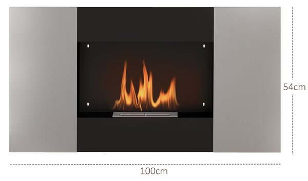 HOMCOM Camino a Bioetanolo 0.9L da Parete con Pannello Protettivo, in Acciaio Inox e Vetro, 100x15x54 cm, Nero e Argento
