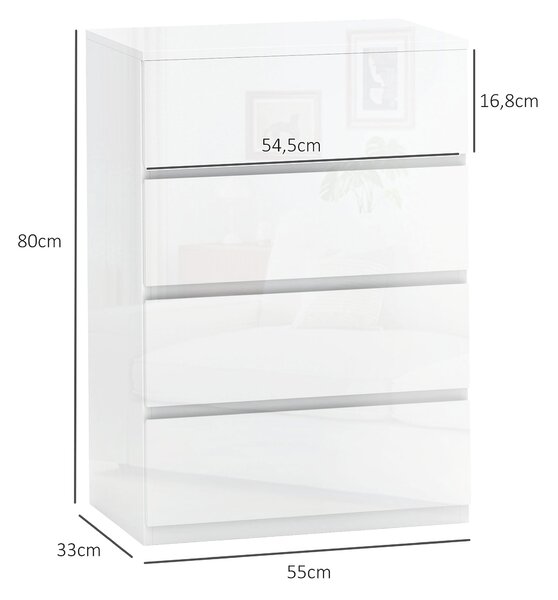 HOMCOM Cassettiera Moderna 4 Cassetti Antiribaltamento in Legno, 55x33x80 cm, Bianco Lucido