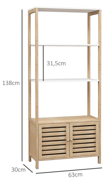 HOMCOM Mobile Bagno in Bambù con 3 Ripiani e Armadietto Inferiore, 63x30x138 cm, Color Legno e Bianco