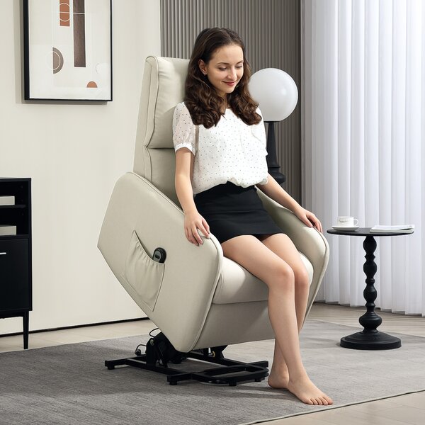 HOMCOM Poltrona Alzapersona Small Elettrica Reclinabile con Telecomando e Tasca in Tessuto, 150kg, Beige | Aosom Italy
