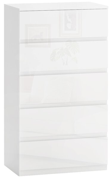 HOMCOM Cassettiera Moderna 5 Cassetti Antiribaltamento in Legno, 55x33x100 cm, Bianco Lucido