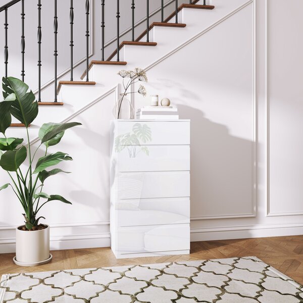 HOMCOM Cassettiera Moderna 5 Cassetti Antiribaltamento in Legno, 55x33x100 cm, Bianco Lucido