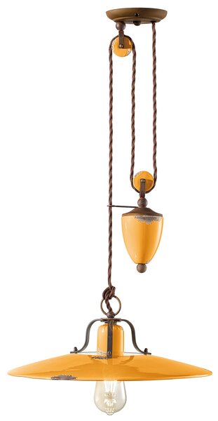 Lampadario Vintage Country Saliscendi Ferro E Ceramica Giallo 1 Luce E27