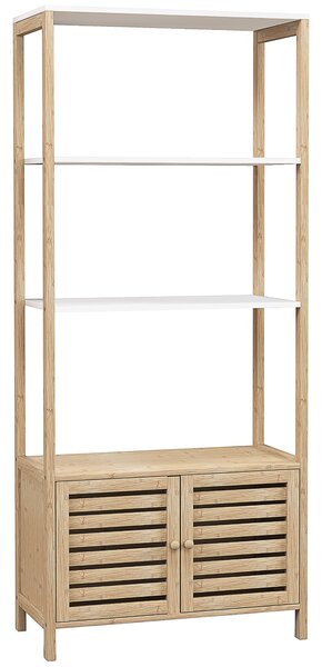HOMCOM Mobile Bagno in Bambù con 3 Ripiani e Armadietto Inferiore, 63x30x138 cm, Color Legno e Bianco
