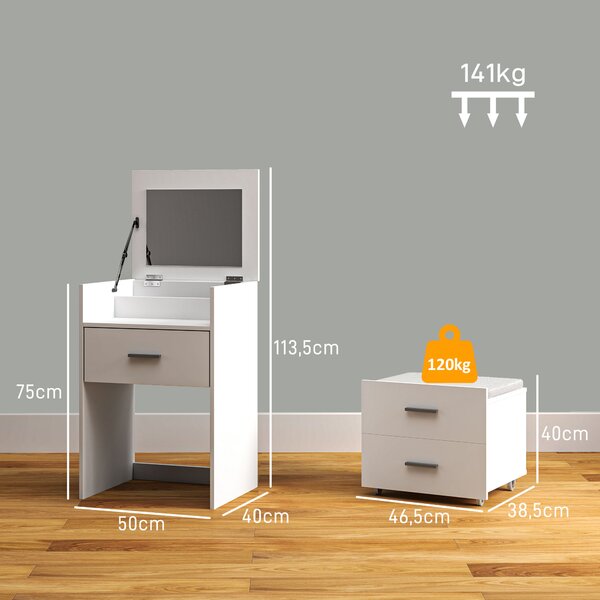 HOMCOM Tavolo da Trucco in Legno con Specchio Ribaltabile, 2 Cassetti e Sgabello, 50x40x113.5 cm, Bianco