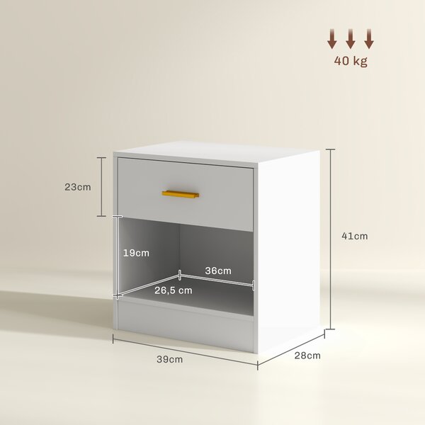 HOMCOM Set 2 Comodini Moderni in Legno con Cassetto e Ripiano Aperto, 39x28x41 cm, Bianco