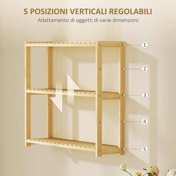 HOMCOM Scaffale per il Bagno a 3 Ripiani Regolabili in 5 Posizioni, in Bambù, 60x15x50 cm, color Legno
