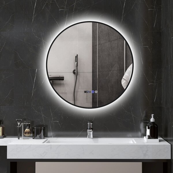 HOMCOM Specchio Bagno con Luce LED Regolabile, Antiappannamento e Display Tempo e Temperatura, Ø70 cm, Nero