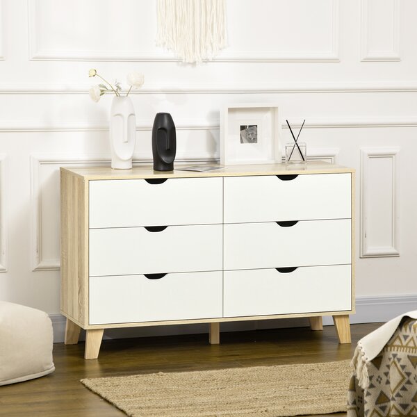 HOMCOM Cassettiera Moderno 6 Cassetti in Legno con Maniglie Intagliate, 120x40x76 cm, Bianco e Rovere| Aosom Italy