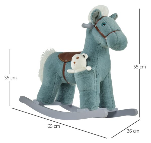 HOMCOM Cavallo a Dondolo in Peluche e Legno con Suoni e Orsetto Incluso, per Bimbi da 18-36 Mesi, 65x26x55cm, Blu|Aosom
