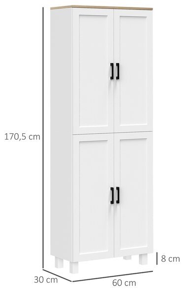 HOMCOM Mobile Dispensa da Cucina in Legno con 5 Ripiani Regolabili e 4 Ante, 60x30x170.5 cm, Bianco e color Legno