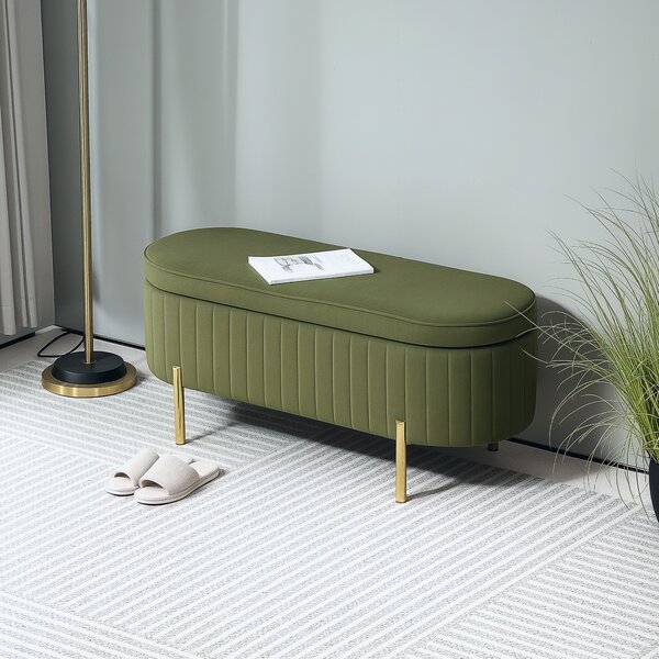 HOMCOM Panca Contenitore Ovale da 72L con Coperchio Sollevabile, in Tessuto Effetto Velluto e Legno, 108x44x43.5 cm, Verde | Aosom Italy