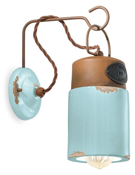 Applique Vintage Industrial Ferro E Ceramica Azzurro 1 Luce E27