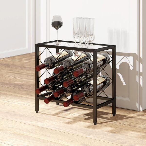 HOMCOM Scaffale Portabottiglie Vini con Piano d'Appoggio in Vetro, I piedini regolabili per 10 Bottiglie in Acciaio Nero, 41x22x4cm|Aosom Italy