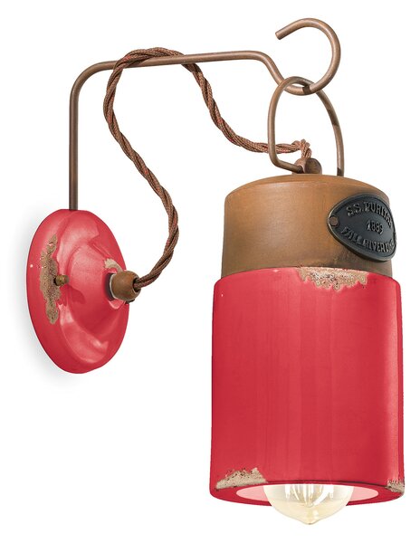 Applique Vintage Industrial Ferro E Ceramica Rosso 1 Luce E27