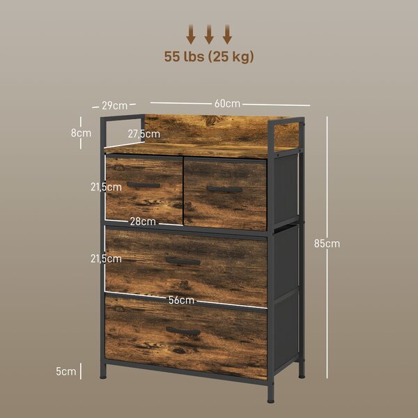 HOMCOM Cassettiera 4 Cassetti Rimovibili dal Design Industriale in Legno e Acciaio, 60x29x85 cm, Marrone e Nero