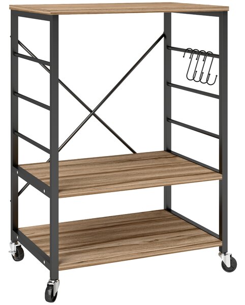 HOMCOM Scaffale da Cucina a 3 Livelli con Ruote e 4 Ganci, Industriale e Struttura in Acciaio,Telaio del carrellino, 60x40x84cm, Teak|Aosom Italy