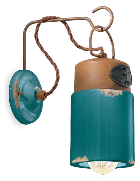 Applique Vintage Industrial Cilindrica Ferro E Ceramica Verde 1 Luce E27