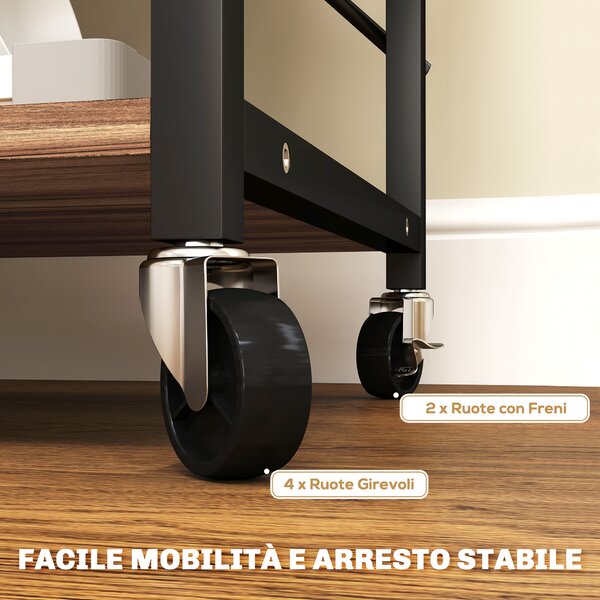 HOMCOM Scaffale da Cucina a 3 Livelli con Ruote e 4 Ganci, Industriale e Struttura in Acciaio,Telaio del carrellino, 60x40x84cm, Teak|Aosom Italy
