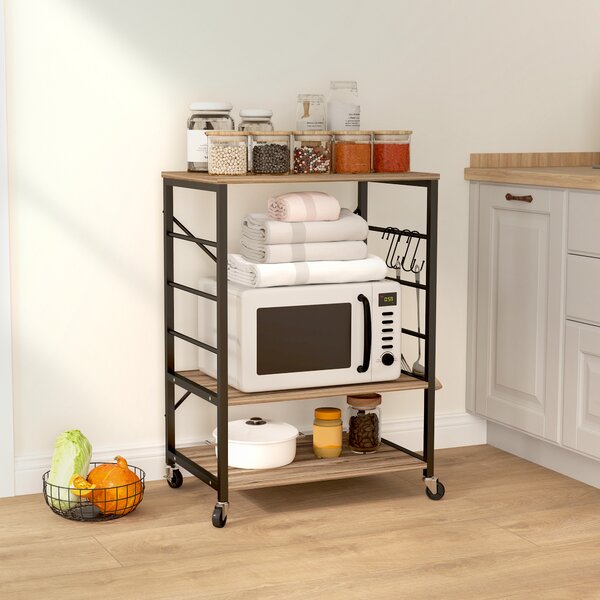 HOMCOM Scaffale da Cucina a 3 Livelli con Ruote e 4 Ganci, Industriale e Struttura in Acciaio,Telaio del carrellino, 60x40x84cm, Teak|Aosom Italy