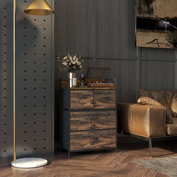 HOMCOM Cassettiera 4 Cassetti Rimovibili dal Design Industriale in Legno e Acciaio, 60x29x85 cm, Marrone e Nero