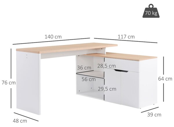 HOMCOM Scrivania Angolare con Libreria a 2 Ripiani, Armadietto e Cassetto, 140x117x76 cm, color Legno e Bianco
