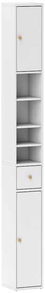 HOMCOM Colonna Bagno Salvaspazio con 2 Armadietti, 3 Ripiani Aperti e Cassetto, in Legno, 20x20x178 cm, Bianco