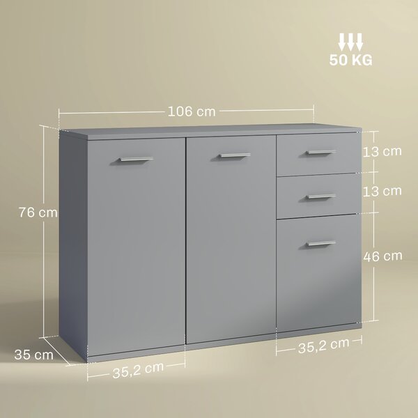 HOMCOM Credenza Moderna con 3 Armadietti e 2 Cassetti, in Legno, 106x35x76 cm, Grigio Chiaro