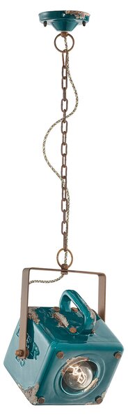 Lampadario Vintage Industrial Cubica Ferro E Ceramica Verde 1 Luce E27