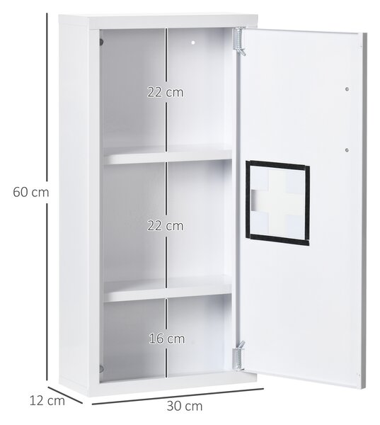 Kleankin Armadietto Medicinali a 3 Ripiani con Porta Magnetica, in Acciaio, 30x12x60 cm, Bianco|Aosom