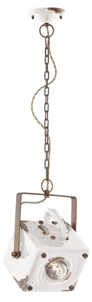Lampadario Vintage Industrial Ferro E Ceramica Bianco 1 Luce E27