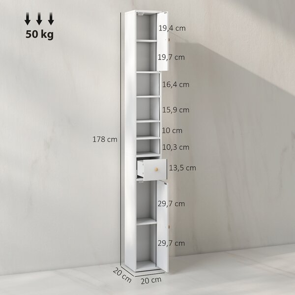 HOMCOM Colonna Bagno Salvaspazio con 2 Armadietti, 3 Ripiani Aperti e Cassetto, in Legno, 20x20x178 cm, Bianco