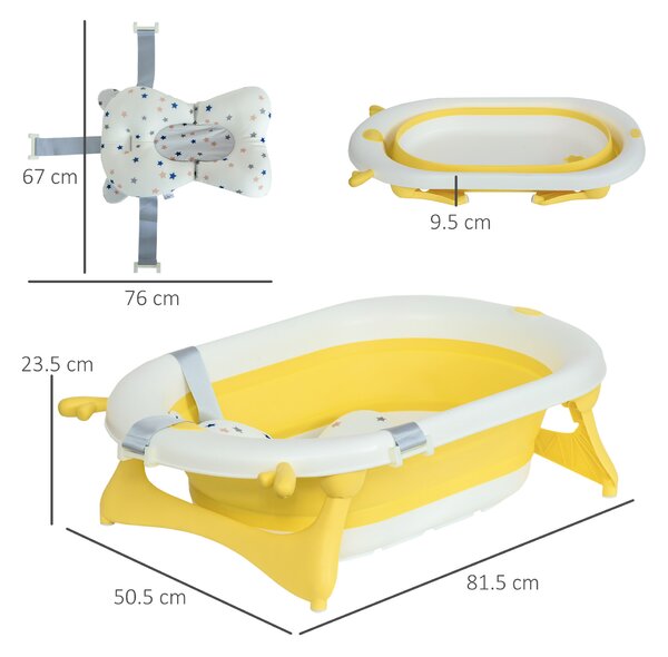 HOMCOM Vaschetta Bagnetto Pieghevole per Bambini 0-3 Anni con Indicatore di Temperatura e Cuscino, 81.5x50.5x23.5 cm, Bianco|Aosom